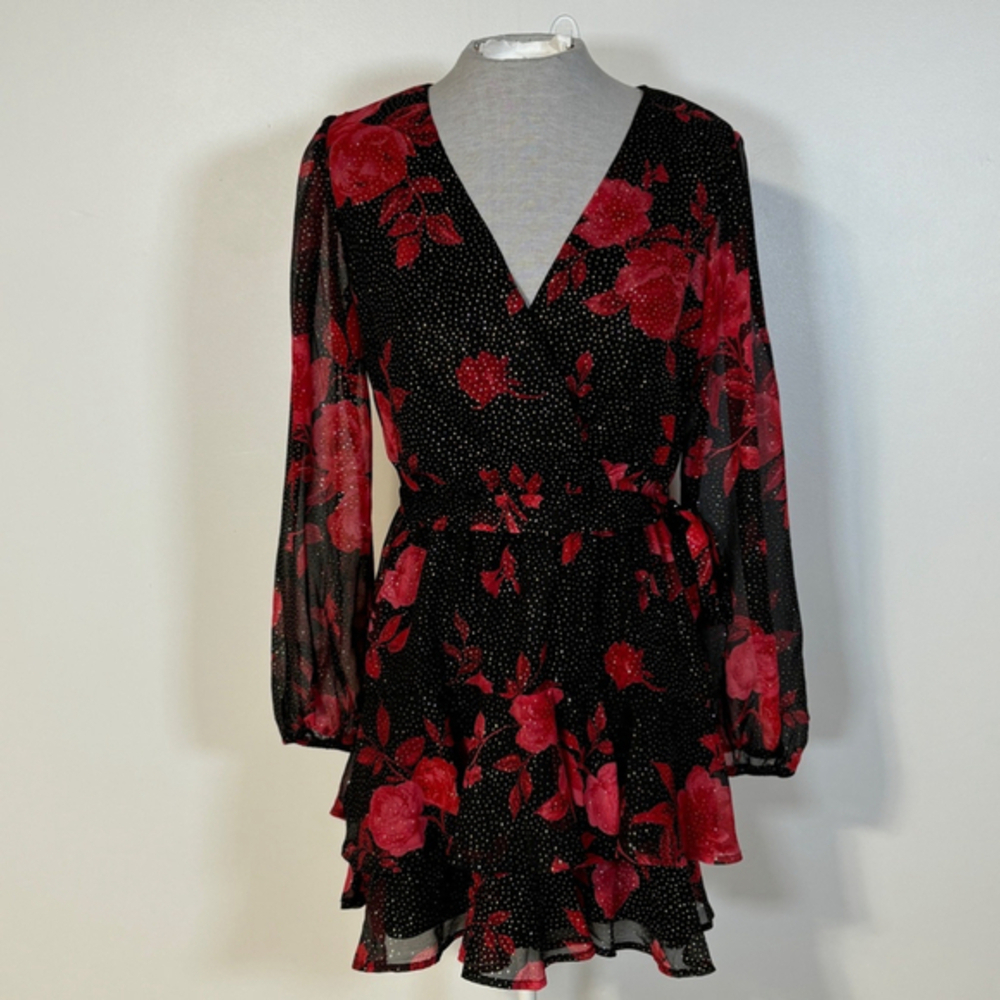 City Triangle Faux Wrap Long Sleeve Dress Junior Size 7 Black Red Floral Sparkly